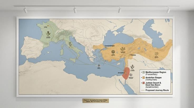 Map showing three pollen regions proposed by Frei: the Mediterranean region, the Anatolian steppe, and the Judean desert and Dead Sea basin, with a proposed journey route