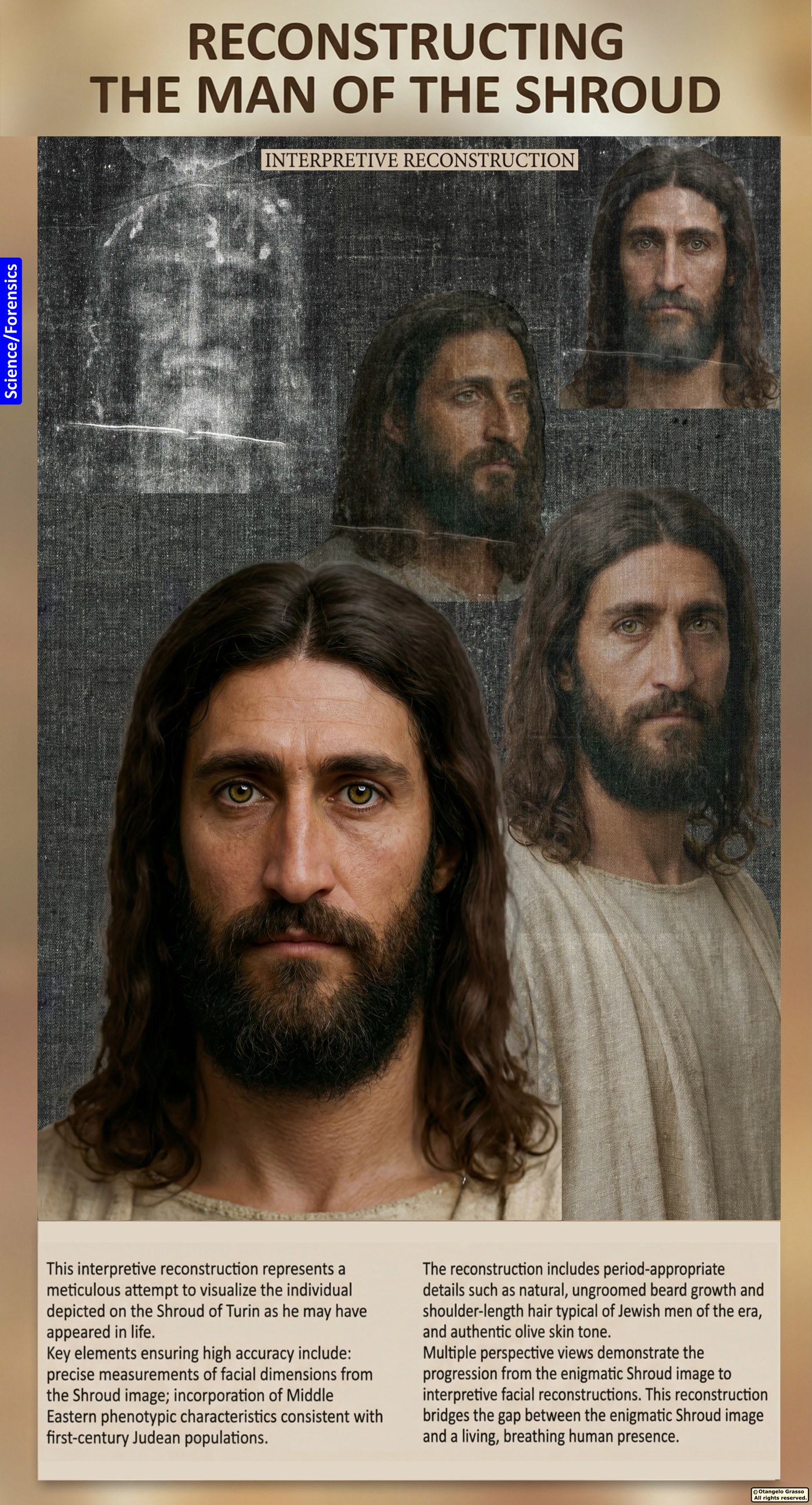 Infographic panel: Reconstructing the man of the Shroud. Shows the Shroud image beside an interpretive reconstruction of a face.