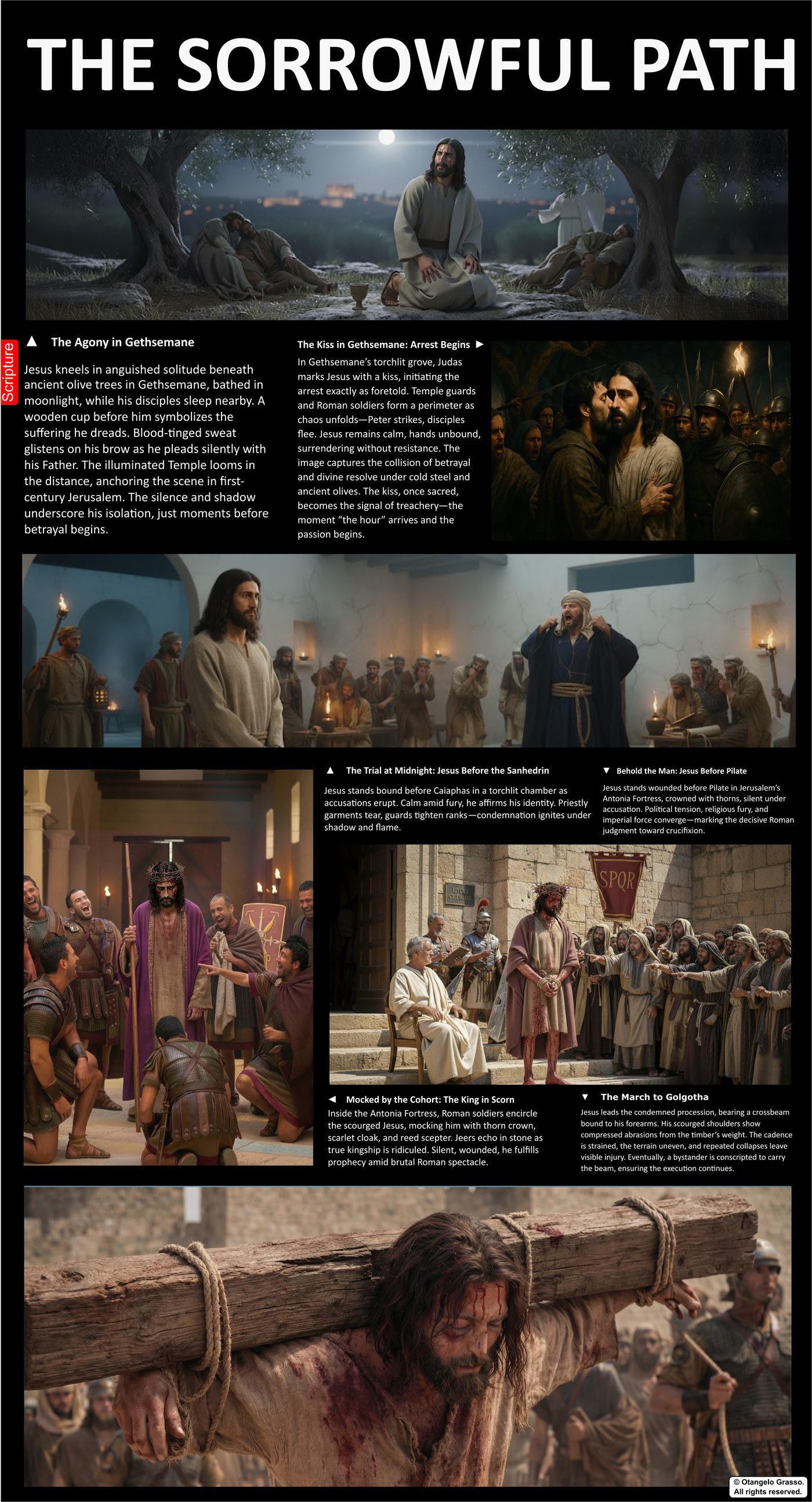 Infographic panel: the route from Gethsemane to Golgotha, with the stations of the night and morning of the Passion marked along the way.