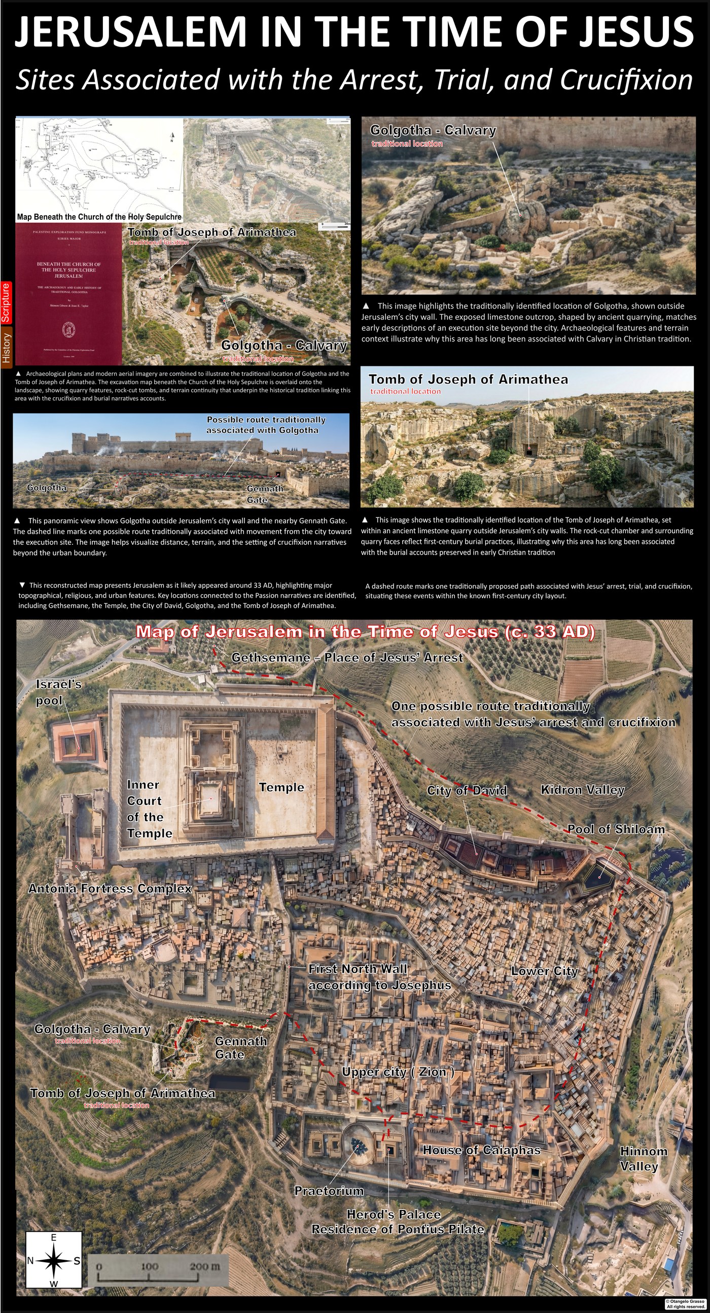Infographic panel: the quarry and the rock-cut tomb at Golgotha, showing the stepped levels of the bedrock and the tomb entrance.