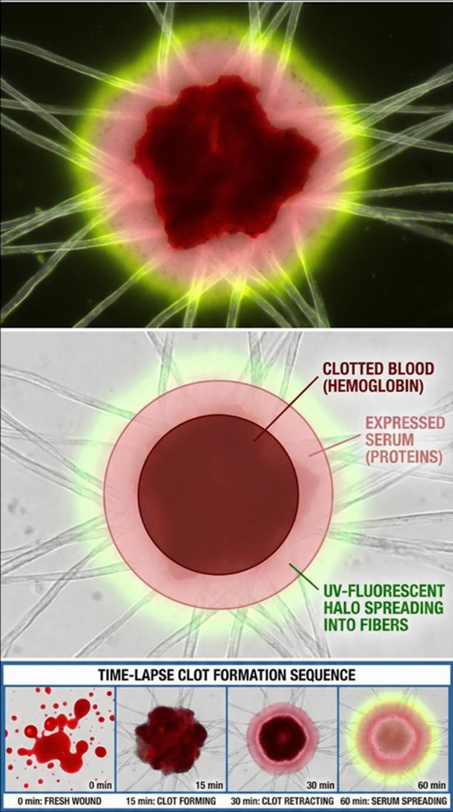 Diagram of blood separating into a clot and a pale serum ring, used to explain the two-phase drainage in a wound.