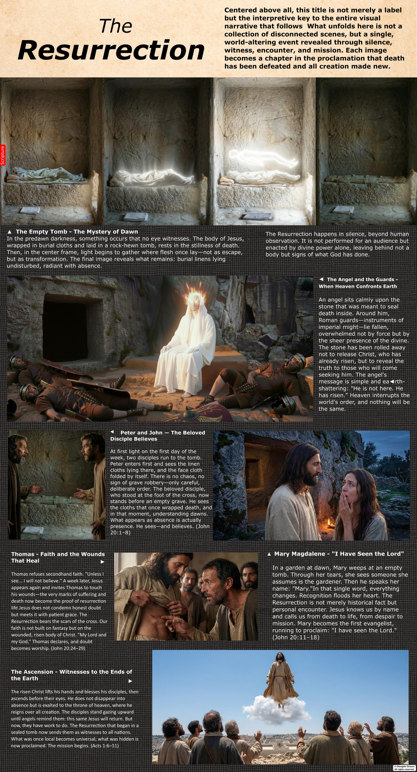 Infographic panel: the empty tomb at dawn, with the linen cloths lying on the bench and the face cloth folded apart.