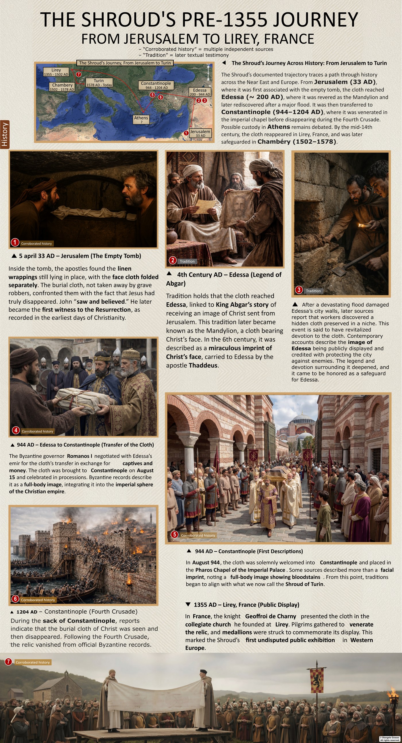 Infographic panel: the journey of the cloth from Jerusalem to Edessa, Constantinople and Lirey, with the centuries marked along the route.